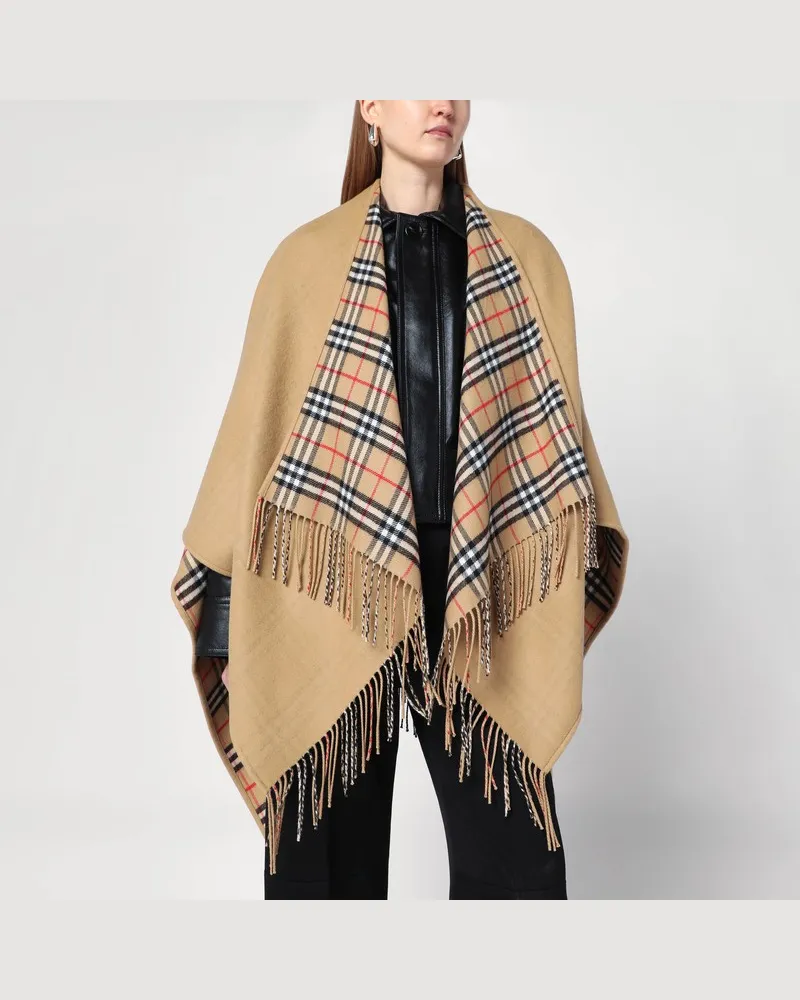 Burberry Beiger Wollponcho mit Check-Muster Beige