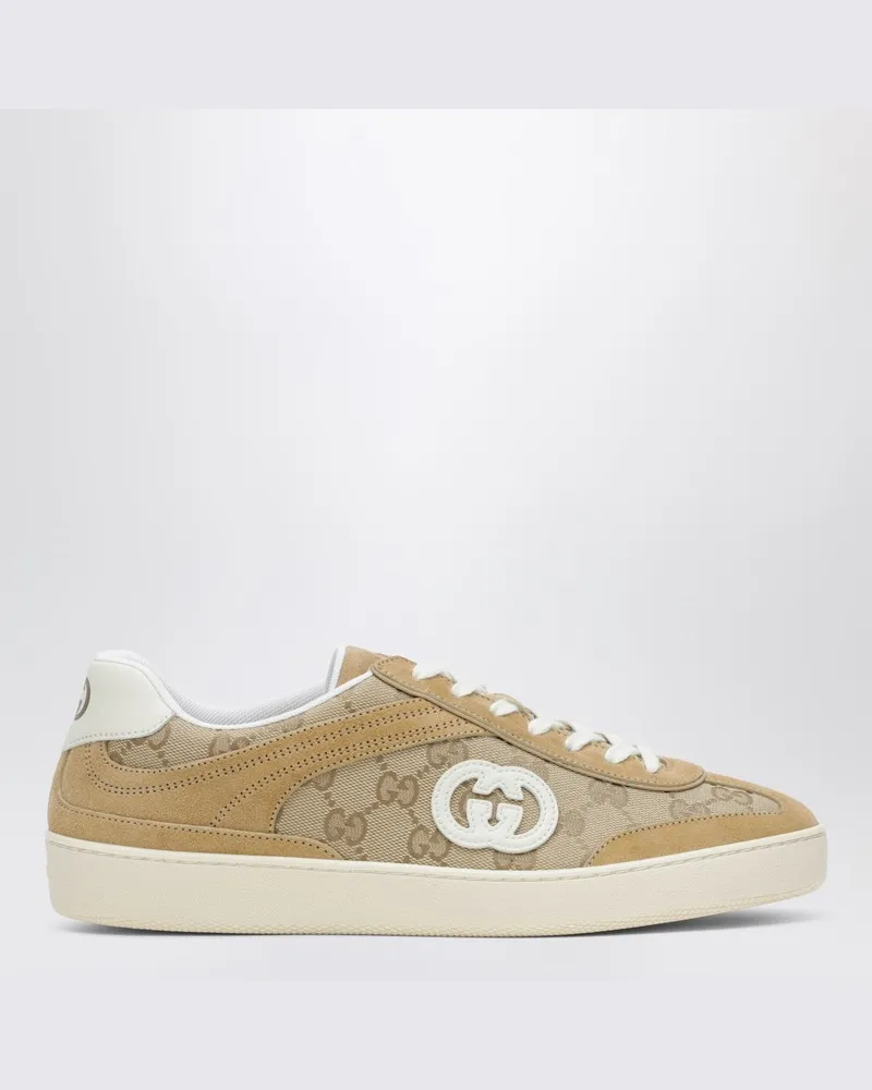 Gucci Beigefarbener Sneaker G75 aus Wildleder und GG-Gewebe Braun