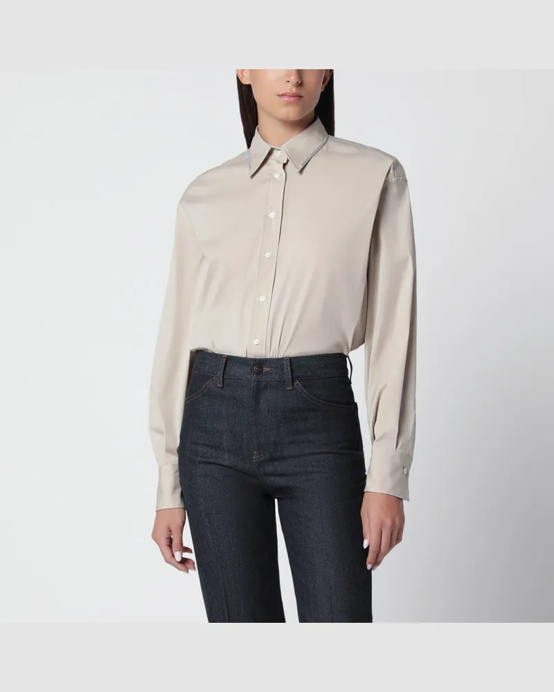 Brunello Cucinelli Langarmhemd Monili Trim in Beige aus Baumwolle Grey