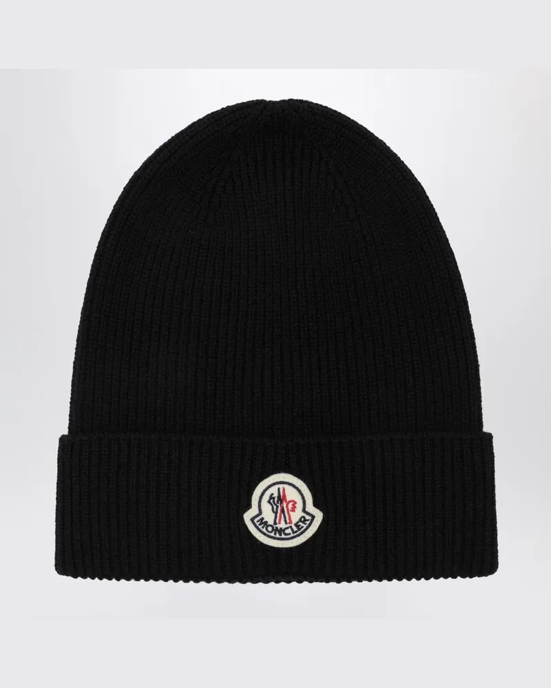Moncler Schwarze Wollmütze mit Logopatch Schwarz