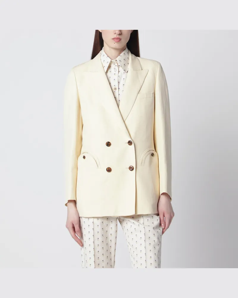 Blazé Milano Butterfarbene zweireihige Jacke aus Leinen und Seide White