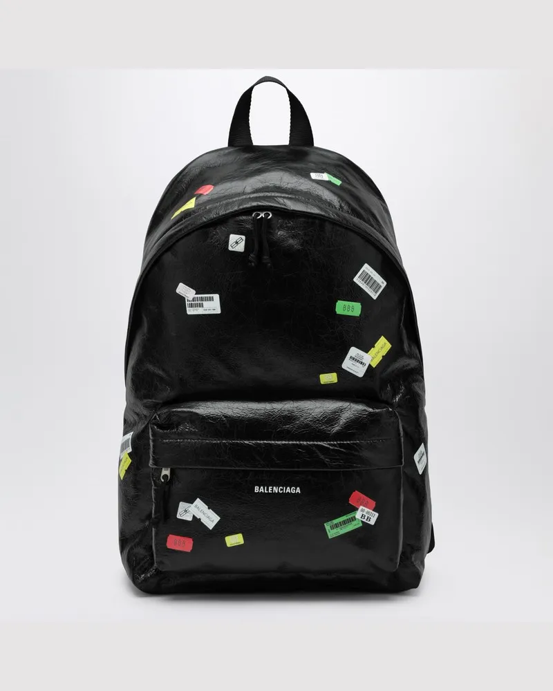 Balenciaga Schwarzer Explorer-Rucksack aus Leder mit bedruckten Stickern Schwarz
