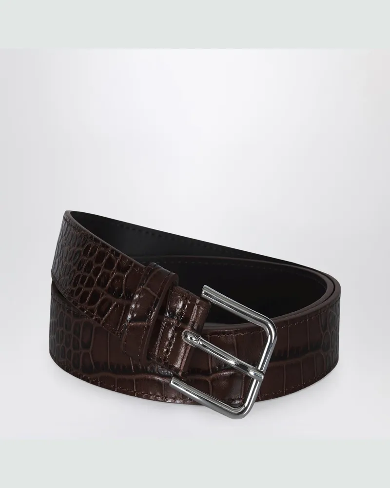 FRANKIE Shop Toni Croc Gürtel aus braunem Lackleder mit silberfarbener Hardware Green