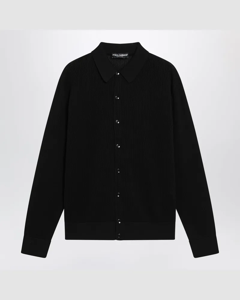 Dolce & Gabbana Langarm-Poloshirt aus Lochrippen-Baumwolle, schwarz Black