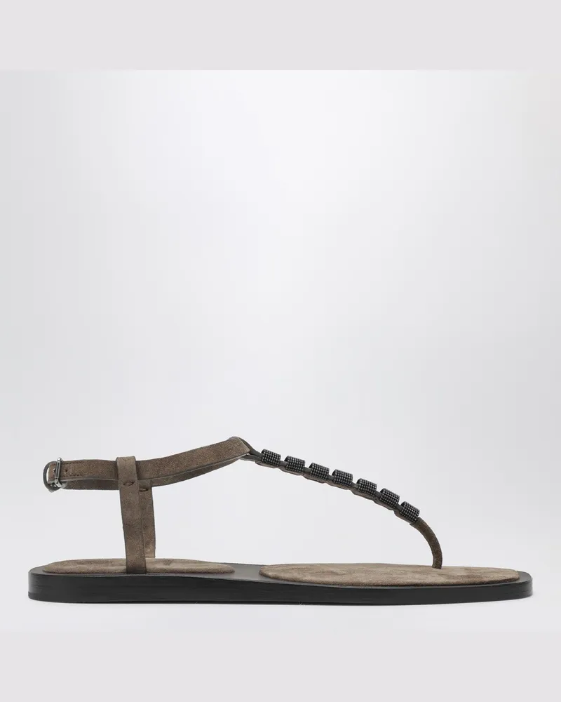 Brunello Cucinelli Zehentrenner-Sandalen aus Wildleder mit Precious Straps Brown