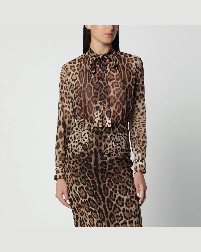 Dolce & Gabbana Hemd aus Seidengeorgette mit Leopardenmuster Brown