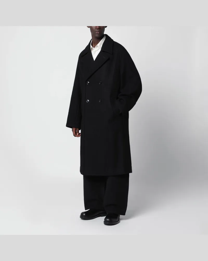 Christophe Lemaire Schwarzer zweireihiger Mantel aus Wolle und Alpaka Black