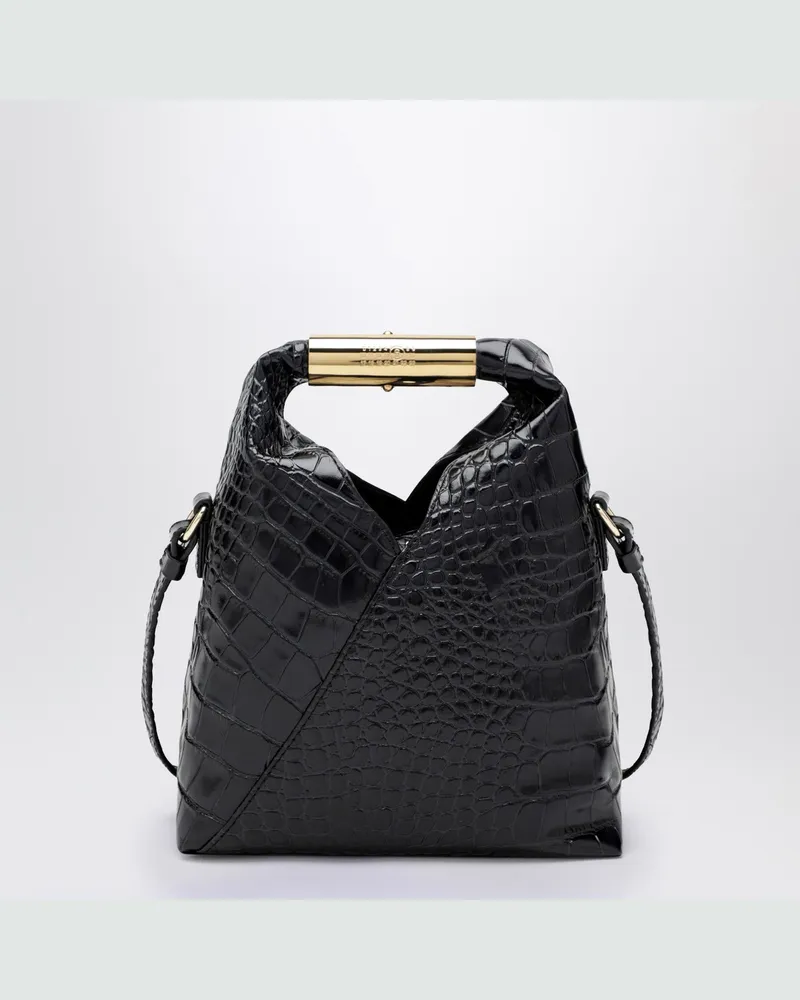 Maison Margiela Kleine japanische Tasche aus schwarzem Leder mit Krokoprägung Black