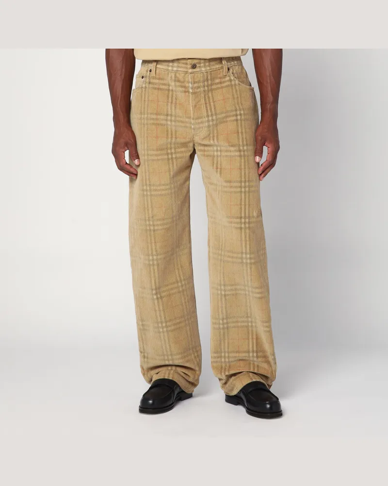 Burberry Sandfarbene Cordhose mit Karomuster Beige