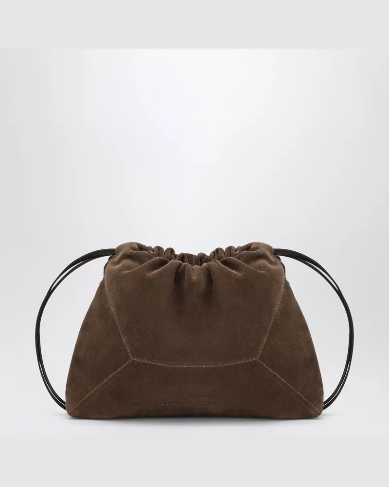 Brunello Cucinelli Karamellfarbene BC Duo Pouch Tasche aus Veloursleder mit Monile Brown