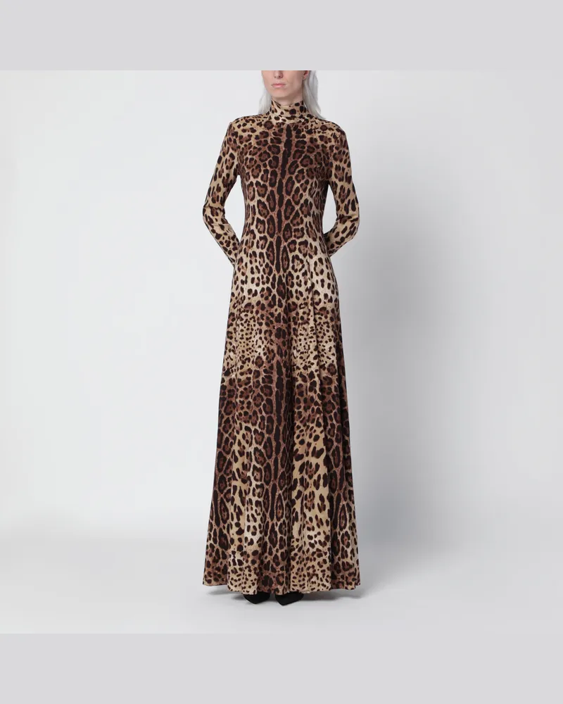 Dolce & Gabbana Langes Kleid aus Seidenmischung mit Leopardenmuster Brown