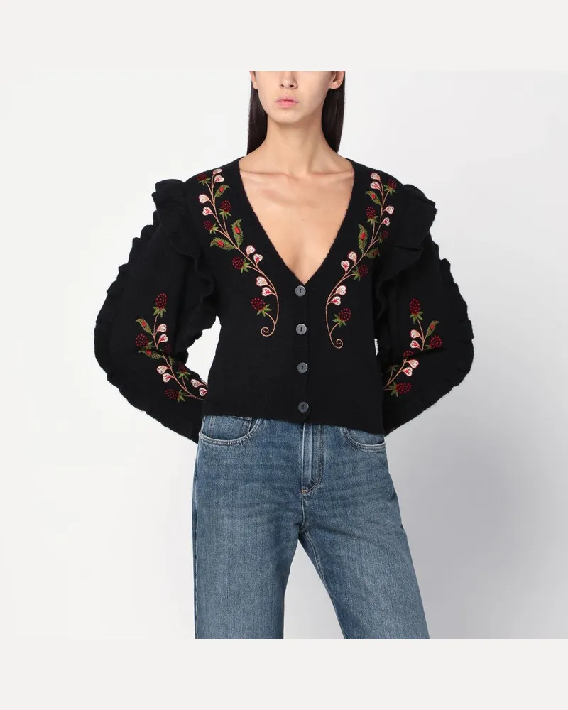 FARM Rio Schwarzer Wollmisch-Cardigan mit Stickerei Schwarz