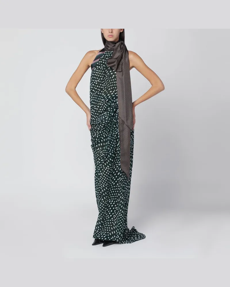 Dries van Noten Langes, flaschengrünes Kleid aus Seidenmischung Mehrfarbig