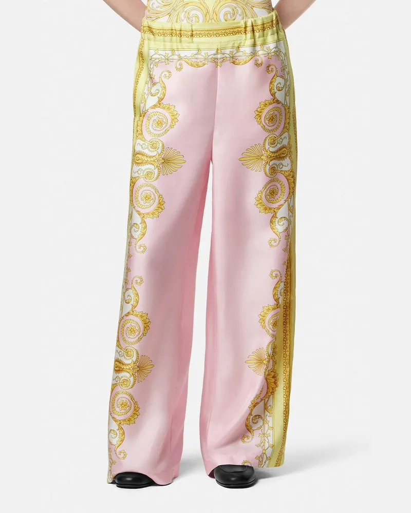 Versace Bedruckte Seidentwill-Hose in Gelb/Rosa Multicolor