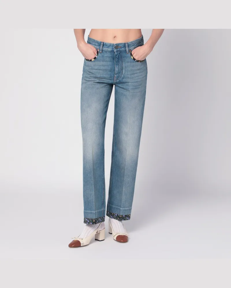 Valentino Garavani Ausgewaschene blaue Jeans mit floralen Stoffbesätzen Blue