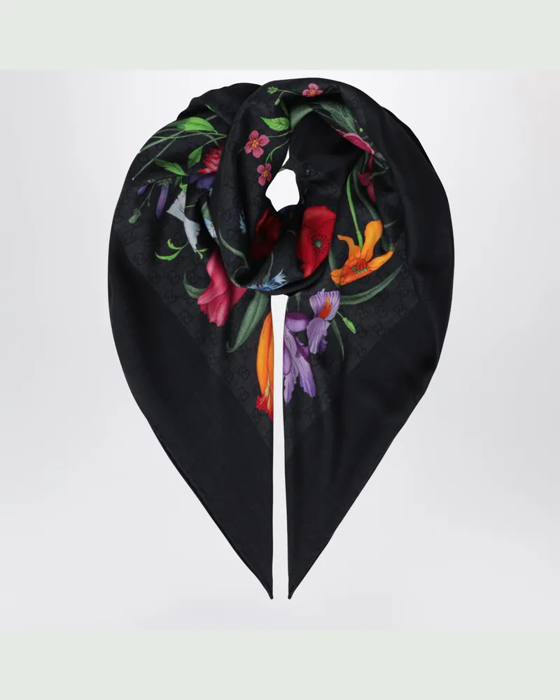 Gucci Schal aus Wolle und Seide mit Blumenprint Black