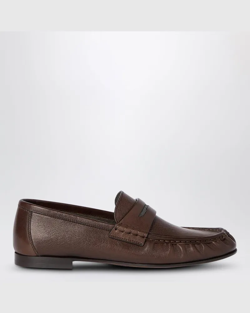 Brunello Cucinelli Braune Penny Loafer aus Riding-Leder Brown
