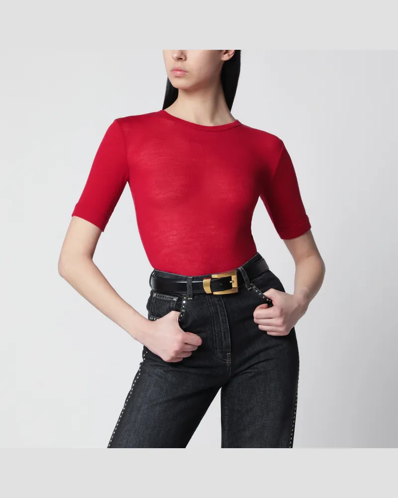 Versace Rotes Woll-T-Shirt mit gesticktem Logo Red