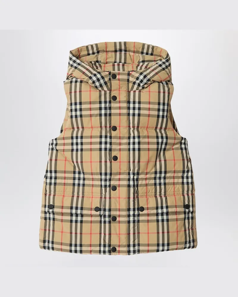 Burberry Ärmellose Daunenjacke aus Nylon mit Check-Muster Beige
