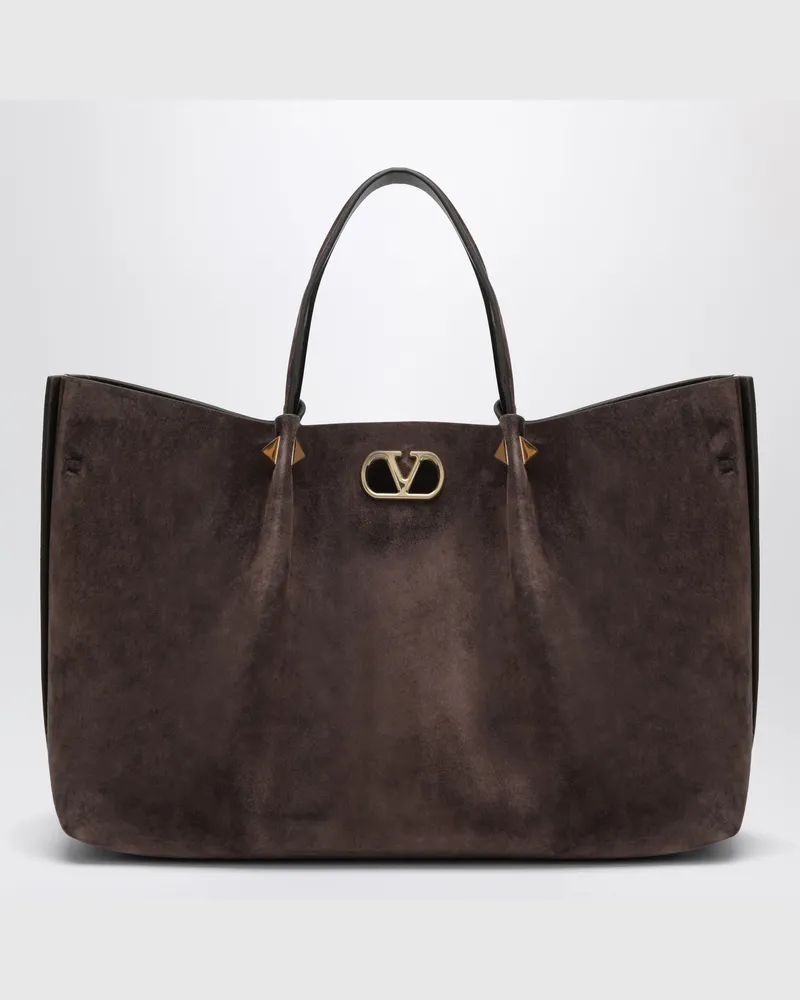 Valentino Garavani Große Rockstud Shopping-Tasche aus ebenholzbraunem Veloursleder Brown