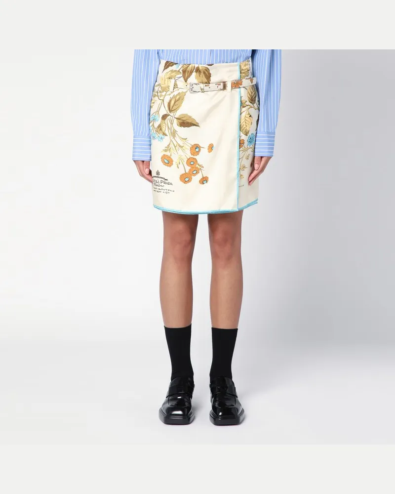 Prada Sandfarbener Minirock aus Seide mit Aufdruck Beige