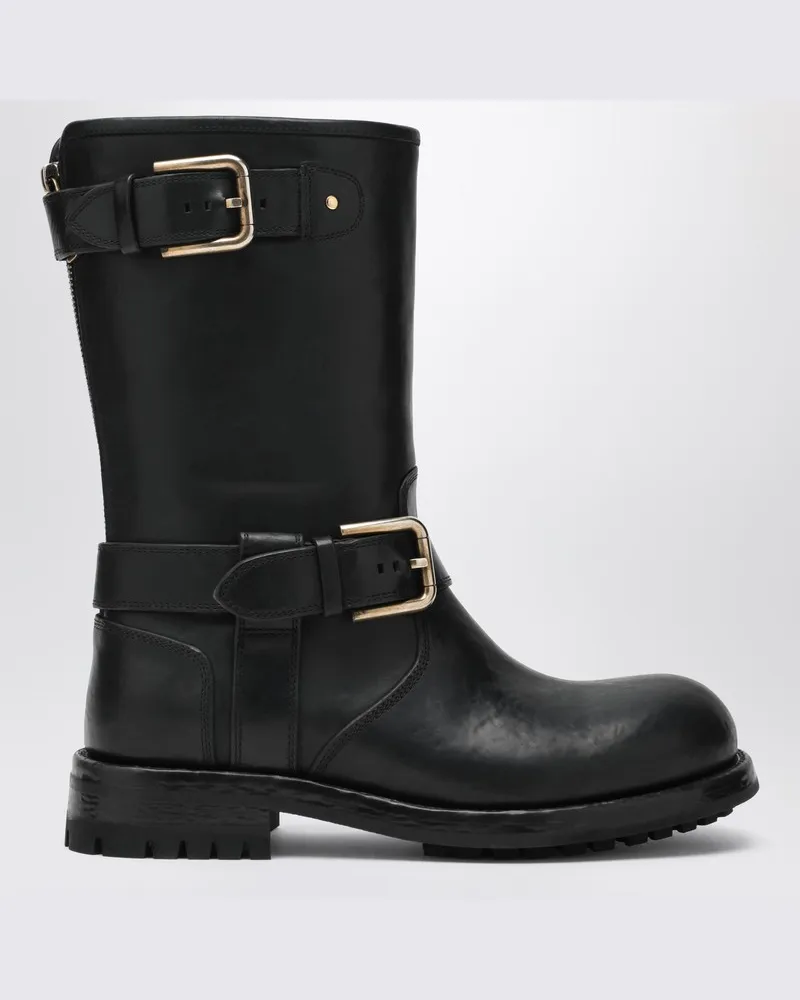 Dolce & Gabbana Schwarzer Lederstiefel mit Schnallen Schwarz