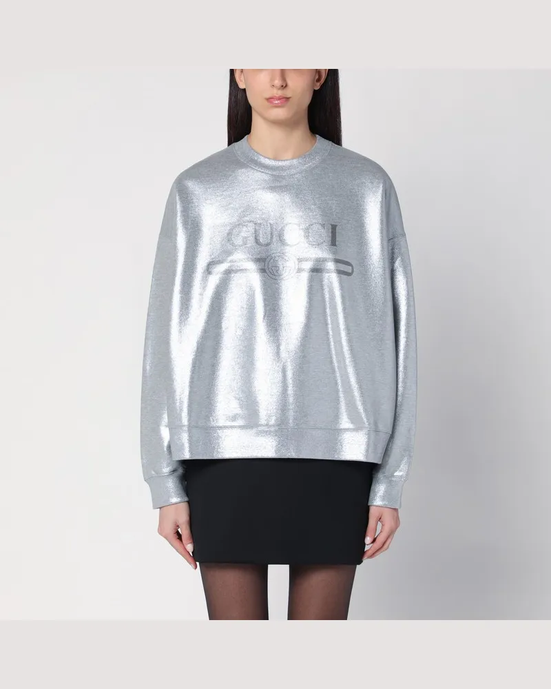 Gucci Silberfarbenes Sweatshirt aus Metallic-Baumwolle mit Logo Grau