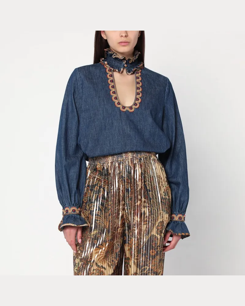 Valentino Garavani Blaue Jeansbluse mit bestickten Kanten Blau