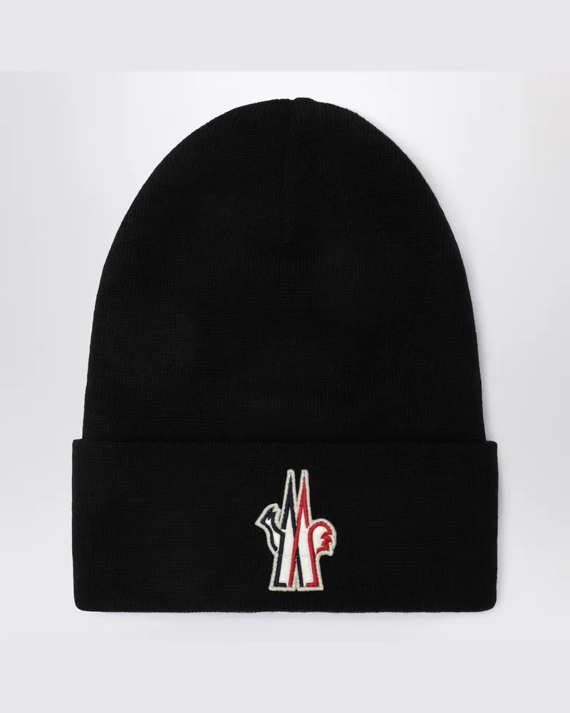 Moncler Schwarze Wollmütze mit Logo-Stickerei Schwarz