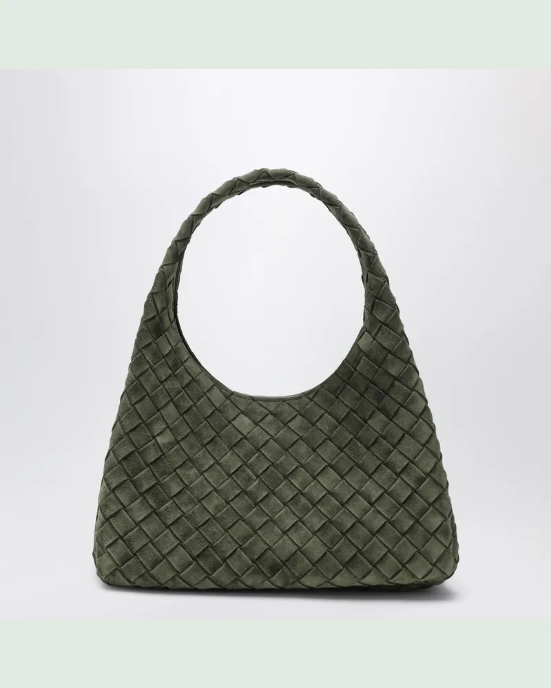 Bottega Veneta Kleine Campana Tasche aus Intrecciato-Wildleder in Dunkelgrün Green