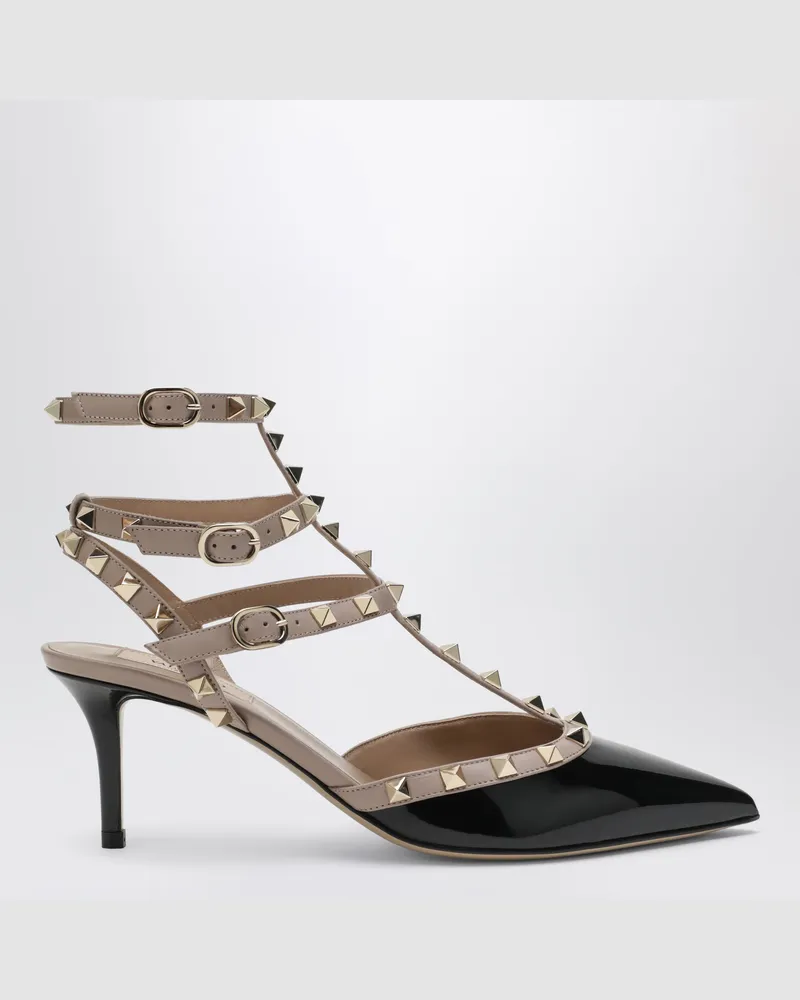 Valentino Garavani Rockstud Pumps mit Riemchen aus Lackleder in Schwarz/Poudre Black