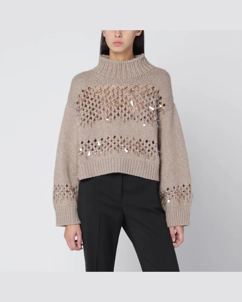 Brunello Cucinelli Brauner Lochstrickpullover mit Pailletten Braun