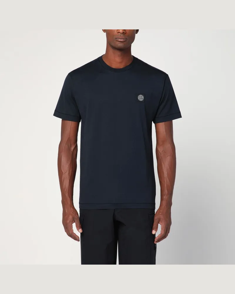 Stone Island Marineblaues T-Shirt aus Baumwolle mit Logo Aufnäher Blau