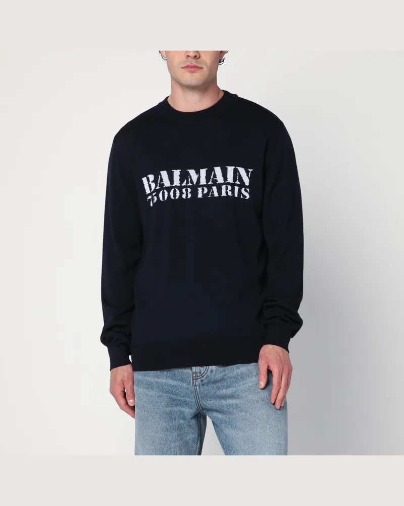 Balmain Blauer Wollpullover mit Logo Blau