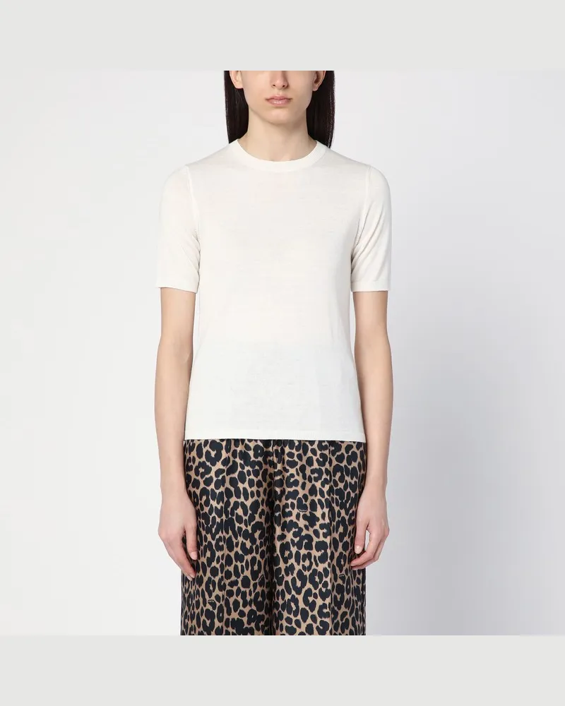 Max Mara Weißes T-Shirt mit Rundhalsausschnitt aus Seide und Kaschmir Beige