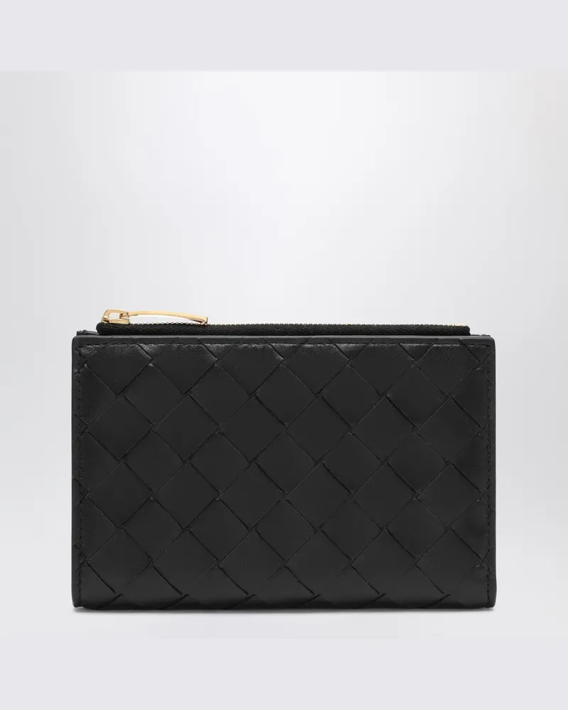 Bottega Veneta Mittelgroße schwarze Bi-Fold-Geldbörse in Intrecciato Schwarz