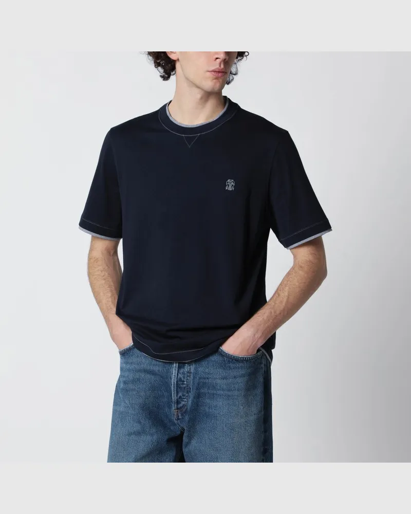 Brunello Cucinelli Marineblaues T-Shirt mit Faux-Layering Blau