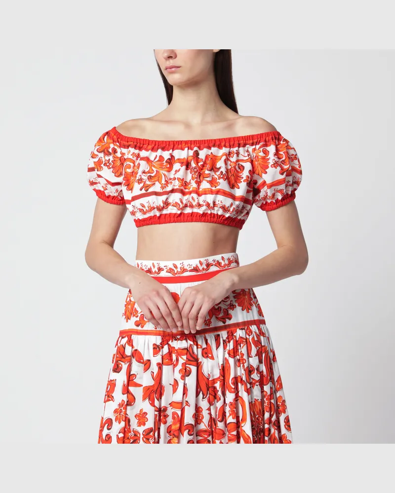 Dolce & Gabbana Top aus Baumwollpopeline mit Maiolica-Print in Orange Orange