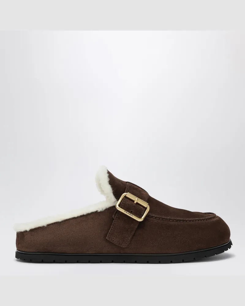Prada Clogs aus Moro-Veloursleder mit Shearling-Futter Brown