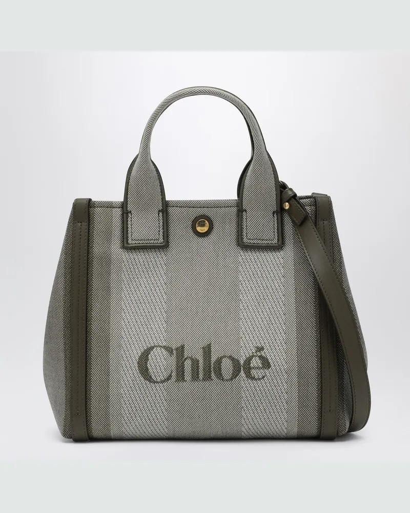 Chloé Carry Small Tote Bag aus dunkelgrün gestreiftem Canvas Blue