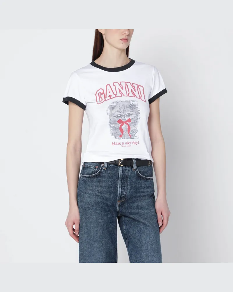 Ganni Weißes cropped T-Shirt mit Logoprint 