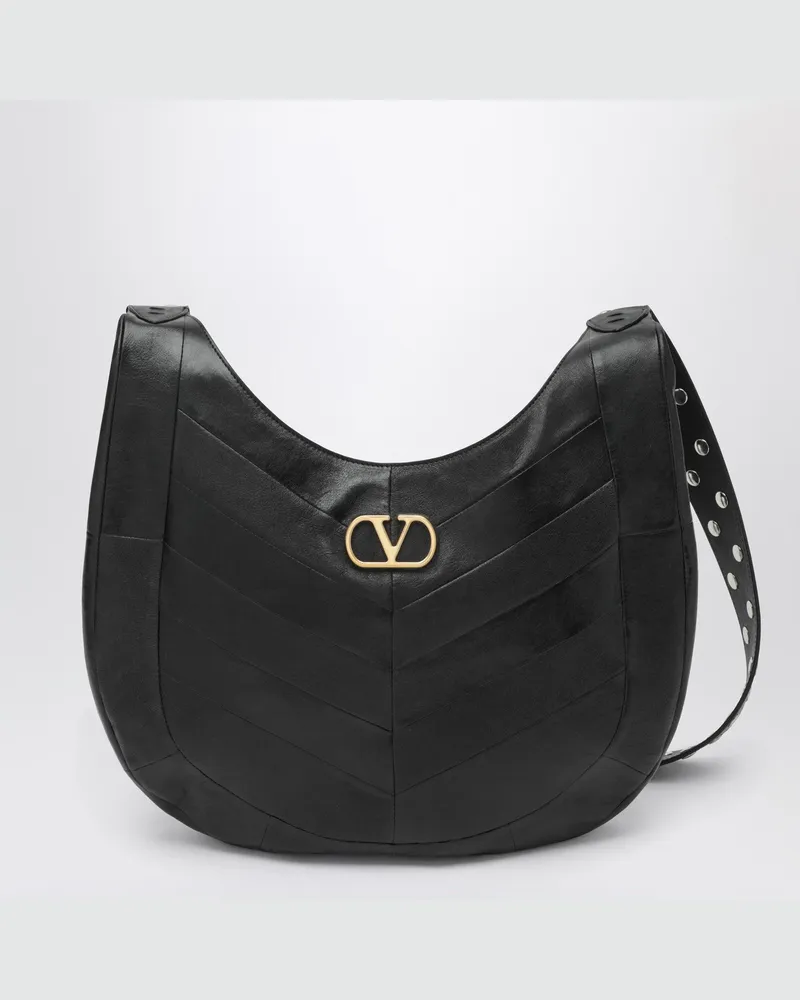Valentino Garavani Mittlere Hoboho-Tasche aus schwarzem Nappaleder mit Chevron-Muster Black
