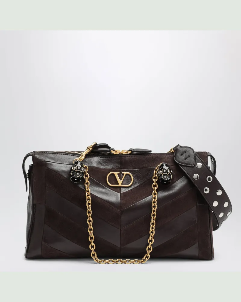 Valentino Garavani Mittelgroße Panthea Schultertasche aus Veloursleder und Nappaleder mit Chevron-M Brown