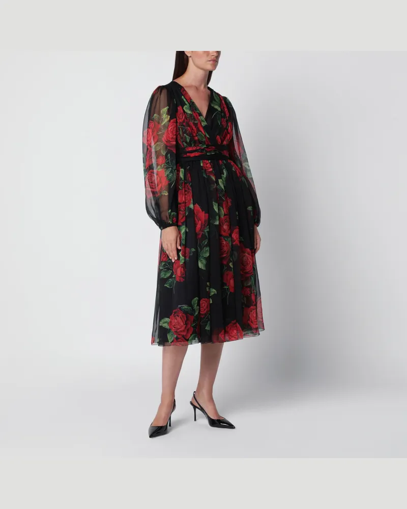 Dolce & Gabbana Schwarzes Kleid aus Seidenchiffon mit Rosenprint Black