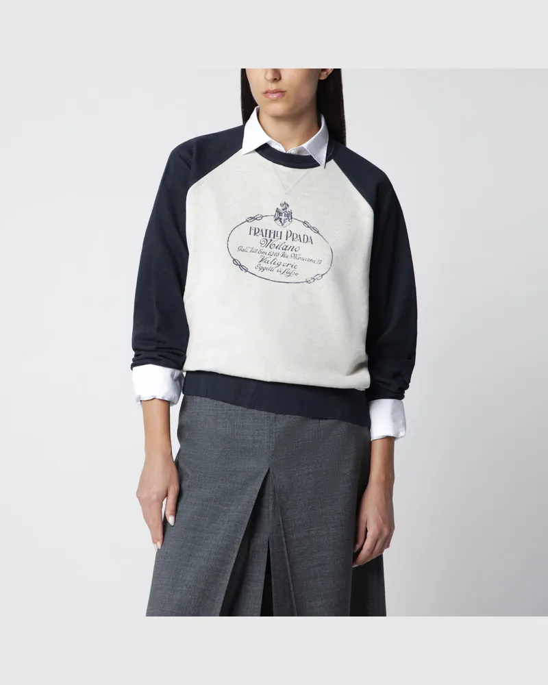 Prada Naturfarbenes/Marineblaues Sweatshirt aus Baumwolle mit Rundhalsausschnitt White