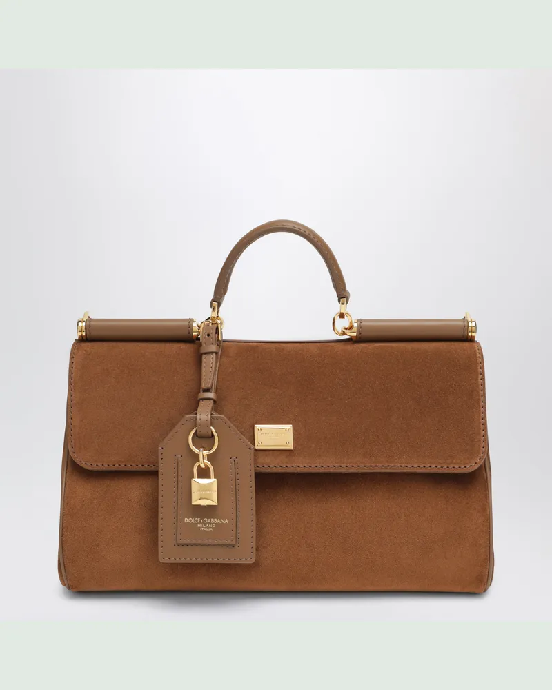 Dolce & Gabbana Mittelgroße My Sicily Tasche aus camelfarbenem Veloursleder Brown