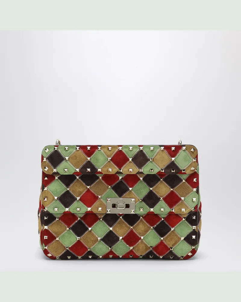 Valentino Garavani Kleine Rockstud Spike Tasche aus Patchwork-Veloursleder Beige