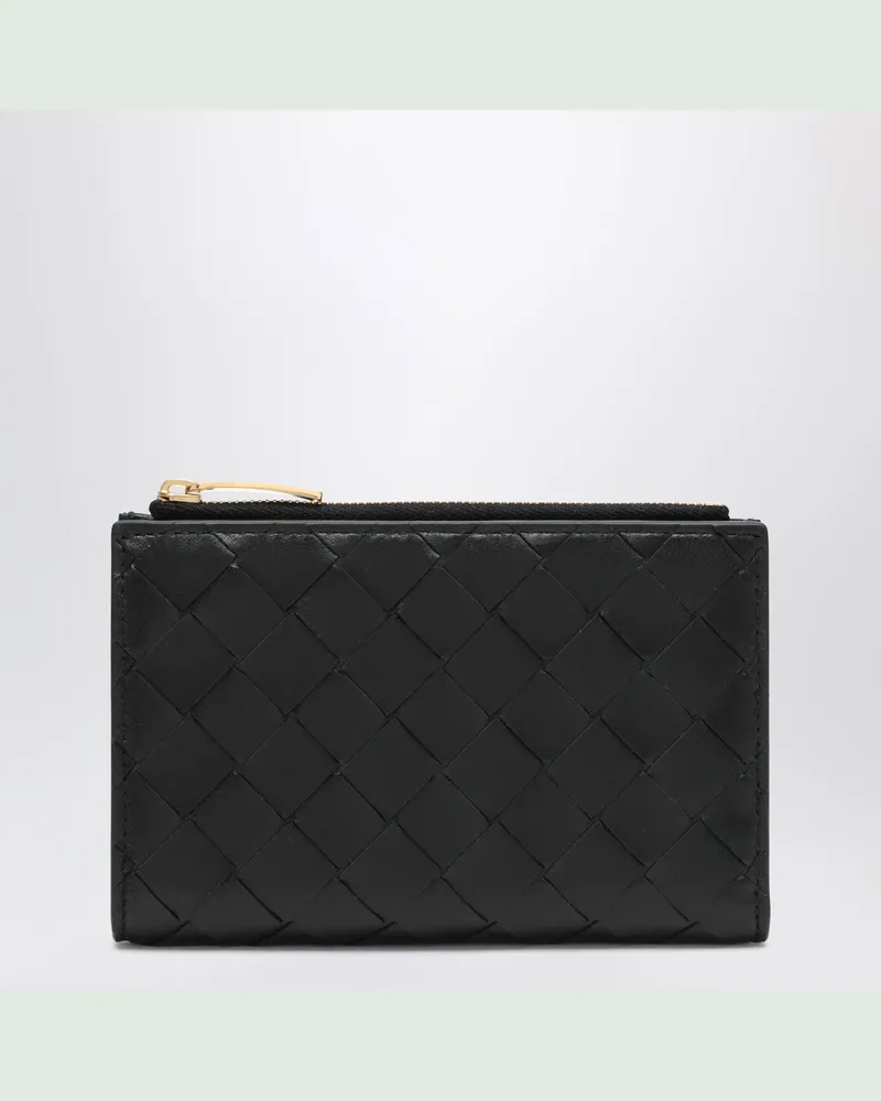 Bottega Veneta Mittelgroße schwarze Bi-fold Geldbörse in Intrecciato Black