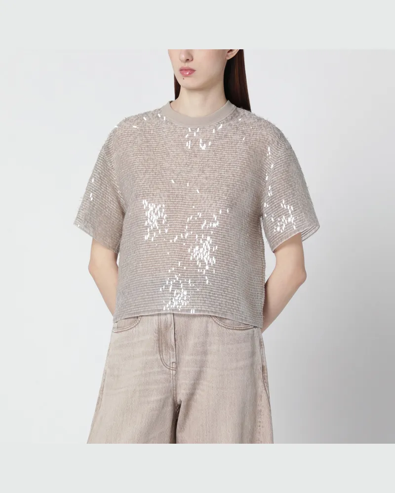 Brunello Cucinelli Dazzling Cascade Embroidery T-Shirt aus Crispy-Seide Beige