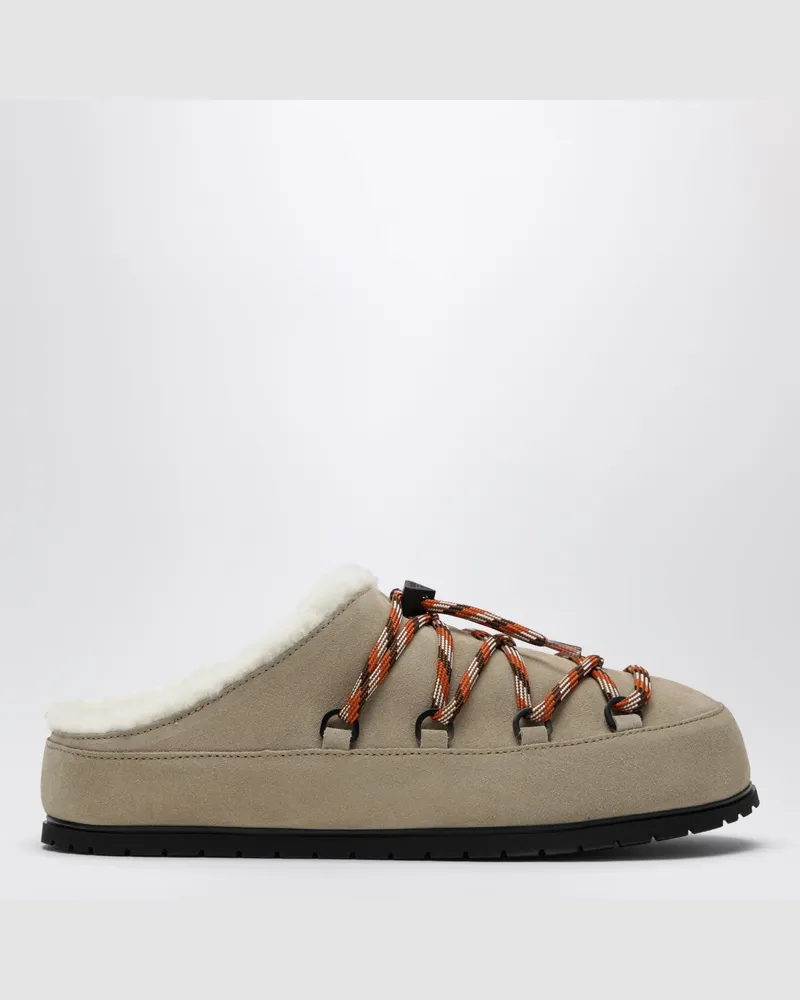 Prada Pantoletten aus wüstenfarbenem Veloursleder mit geflochtenen Schnürsenkeln Beige